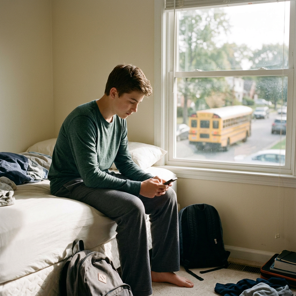 A student at home during the school day; a yellow bus visible through the window.