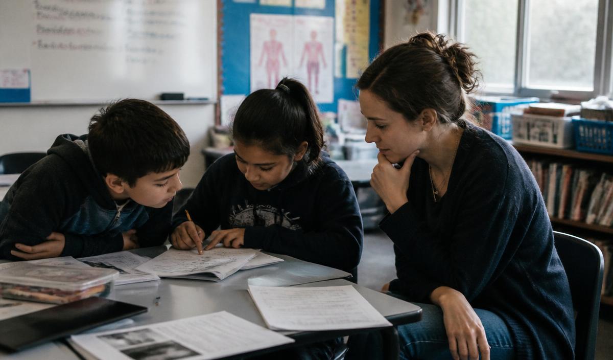 A teacher sitting alongside two students, looking at their work together.