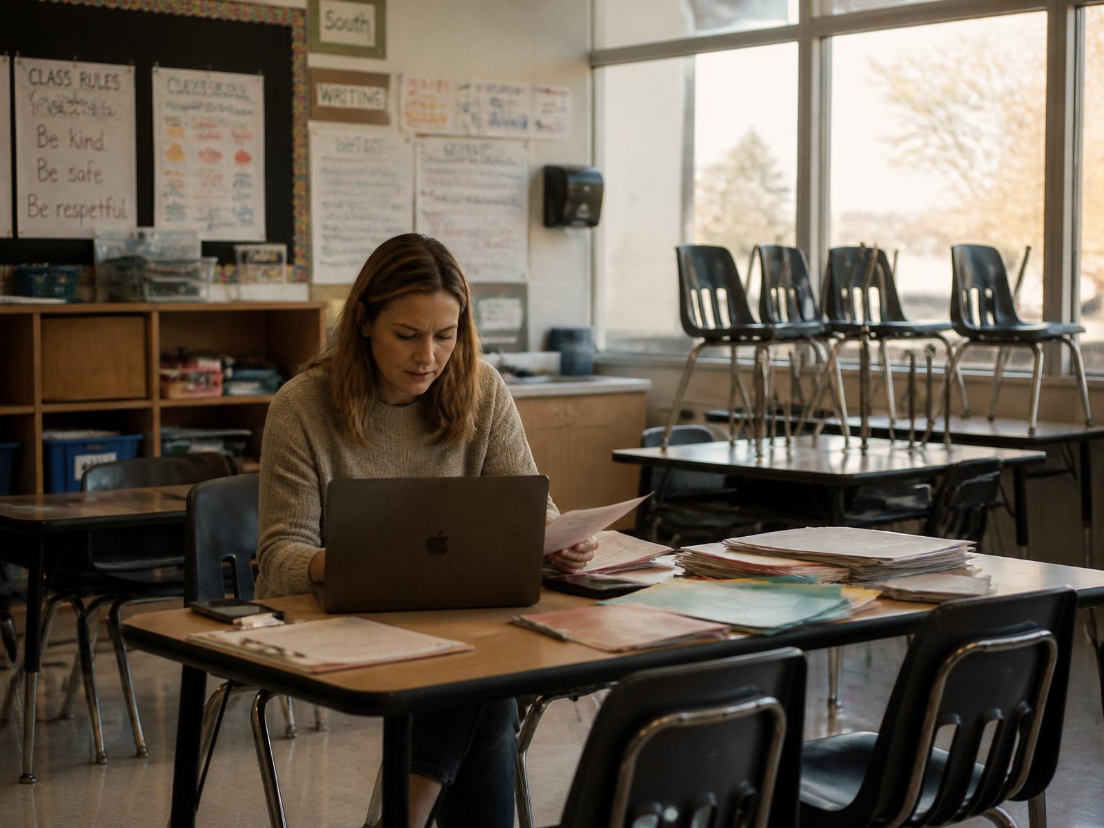 A teacher preparing after school in a quiet classroom.
