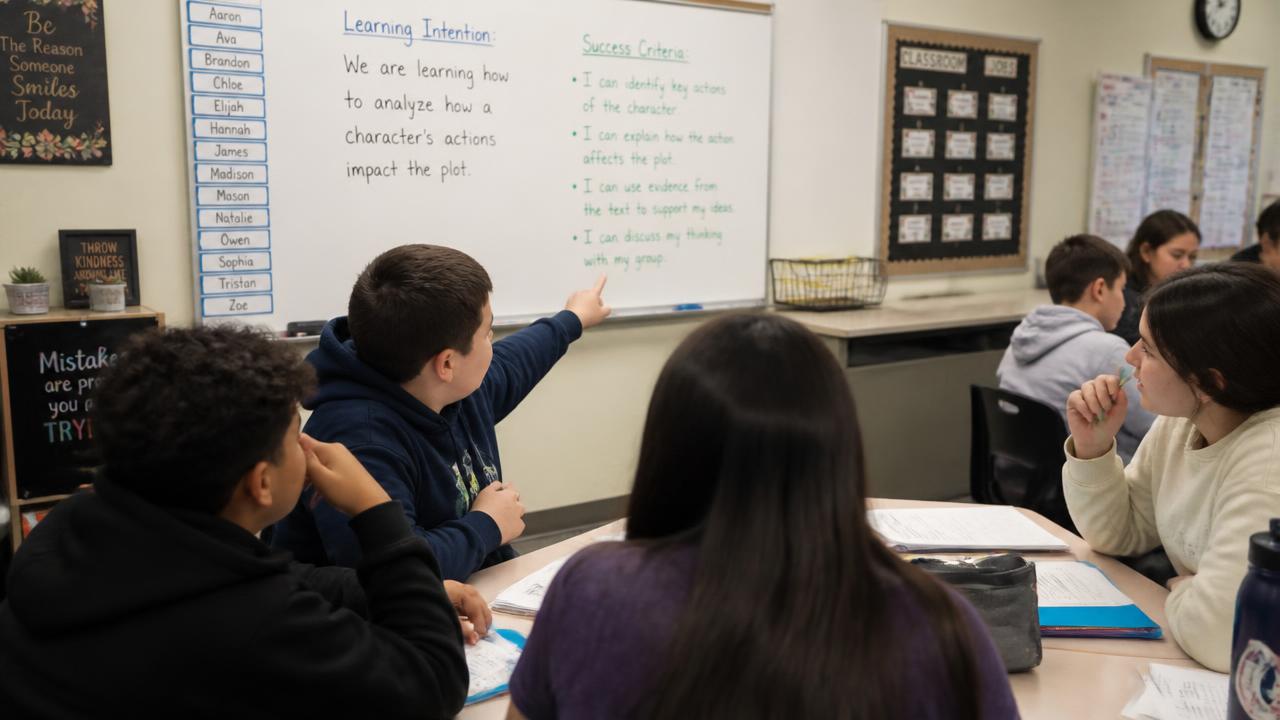 Students in a classroom pointing to the learning intention and success criteria posted on the whiteboard.