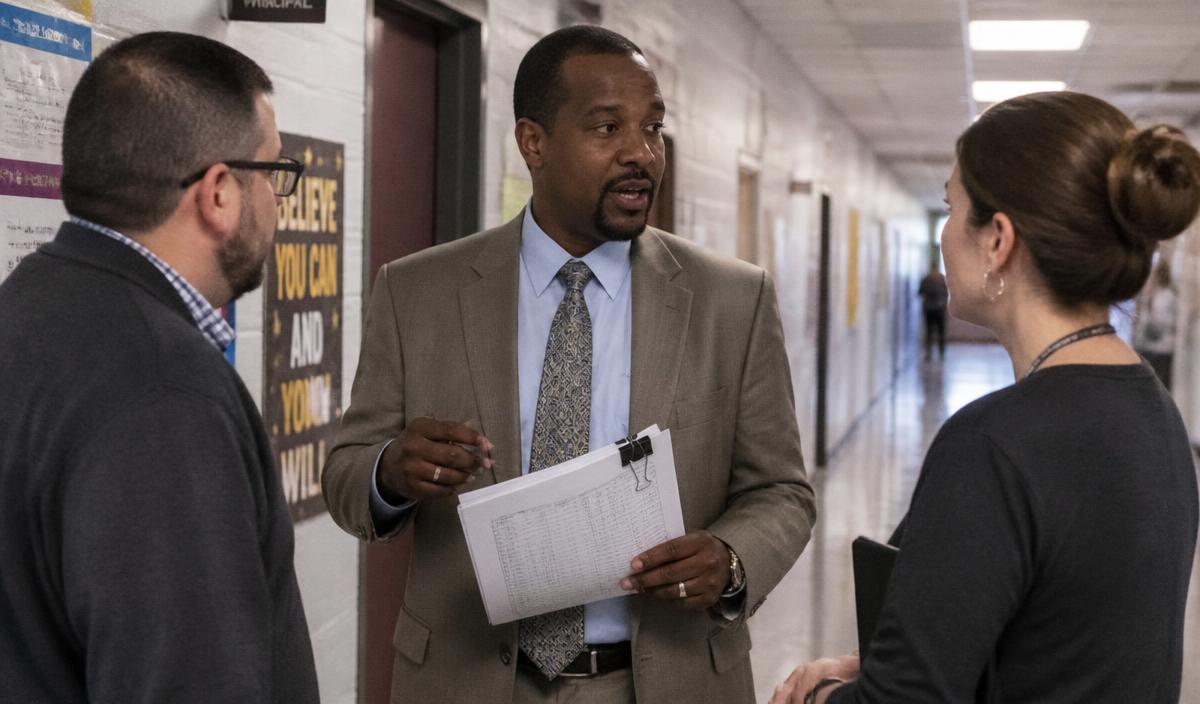 A principal talking with two staff members in a school hallway.