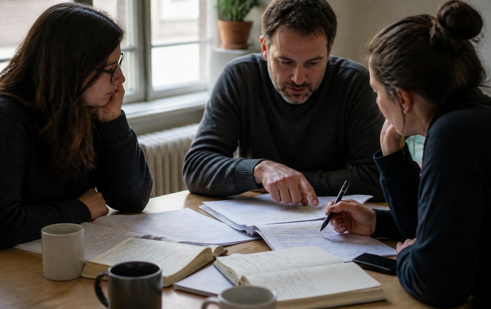 Three educators seated at a table studying highlighted research papers and annotated books together.