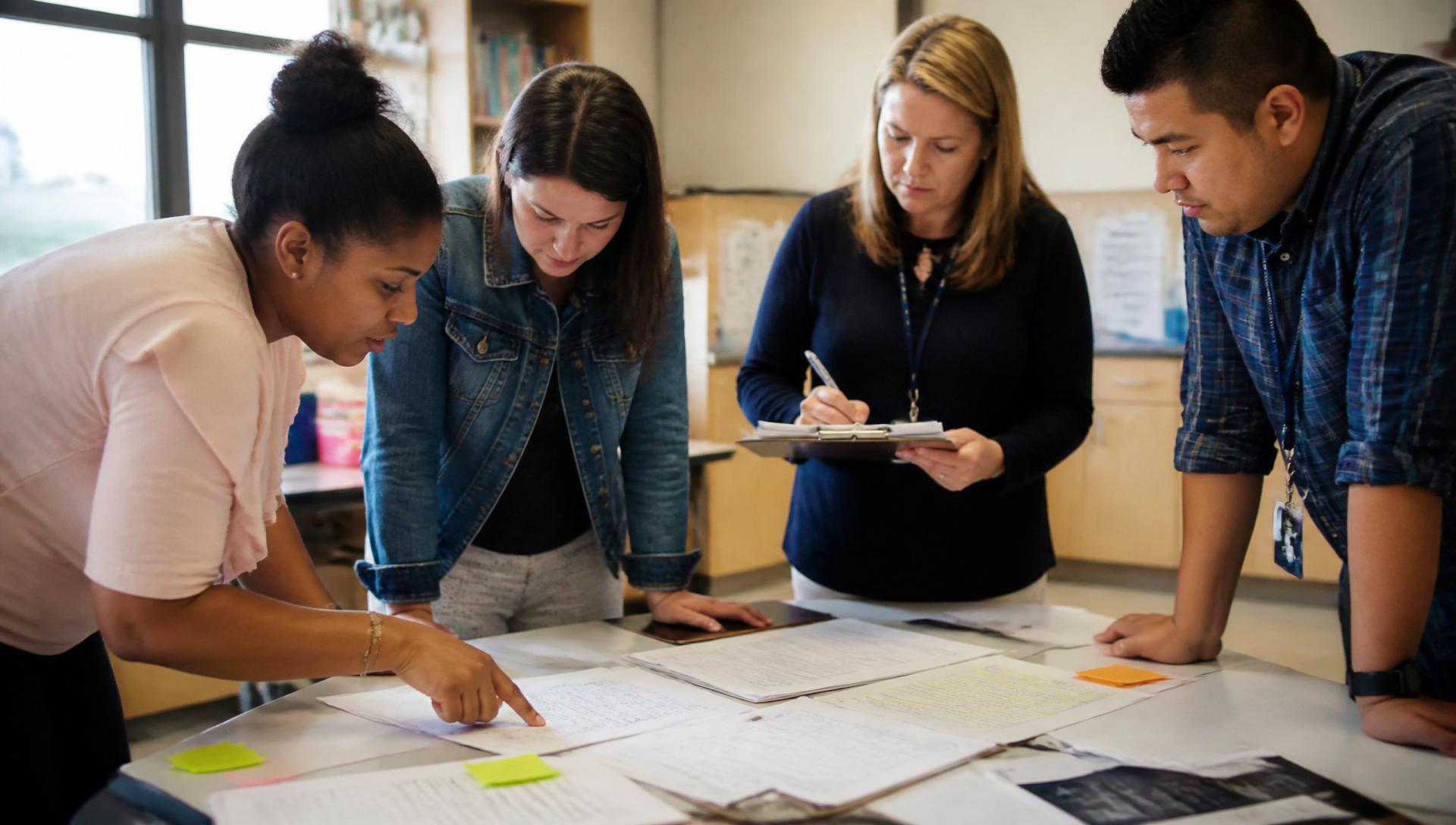 Educators leaning over a table of highlighted student work, sticky notes and observation forms.