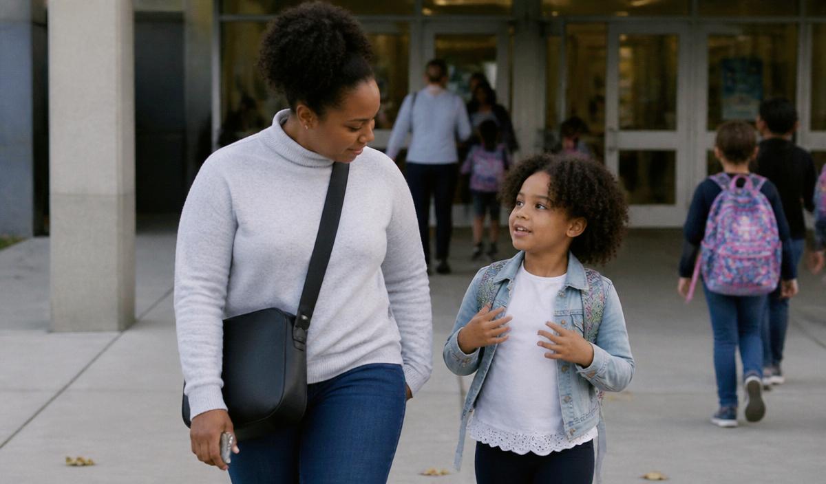 A parent walking with their child outside a school entrance, listening.