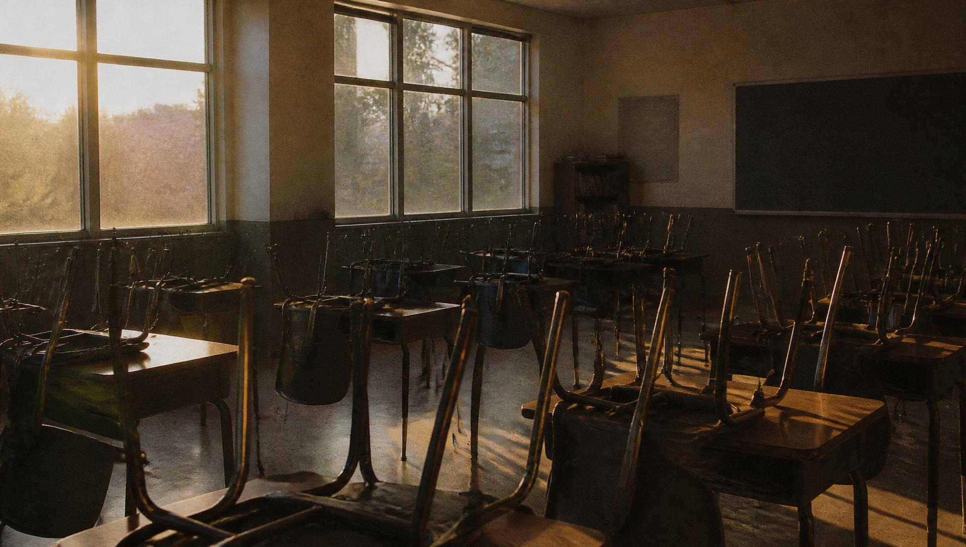 An empty classroom at the end of the day.