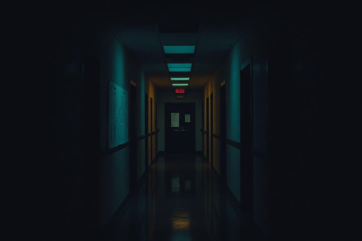 A dim school hallway at dusk with blueprints pinned to the wall.