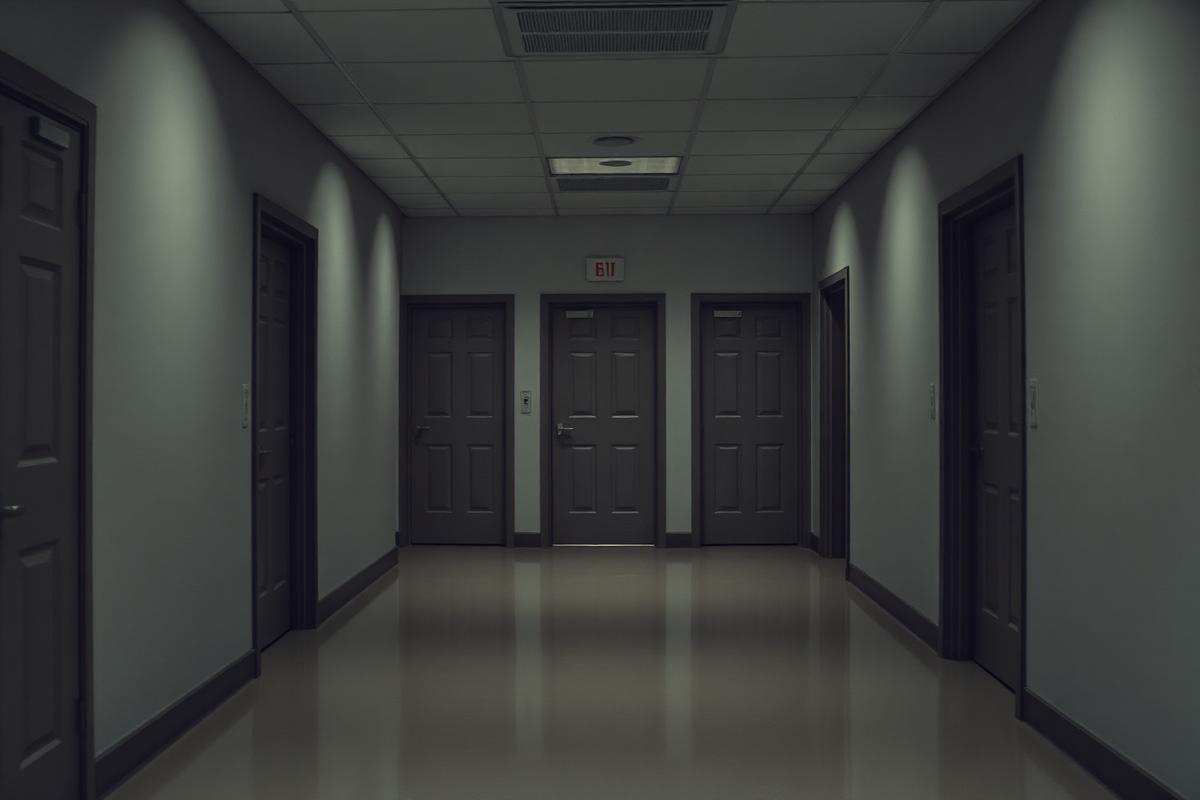 Nine closed classroom doors along a quiet corridor.