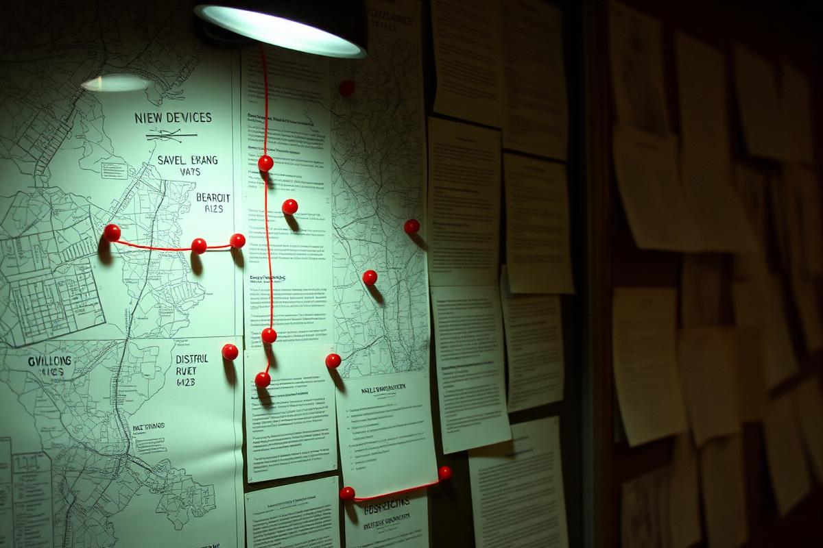 A wall of maps, research notes, pins and thread under lamp light.