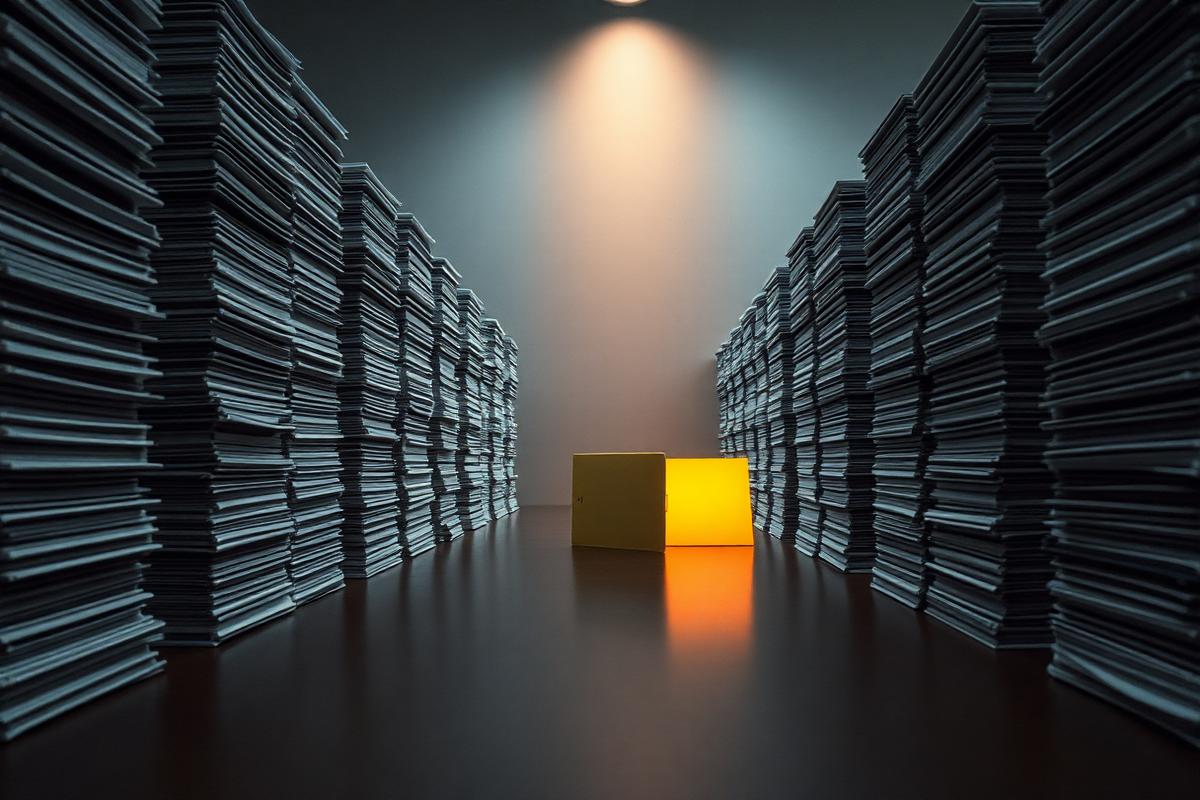 Stacks of district reports narrowing toward three illuminated folders.
