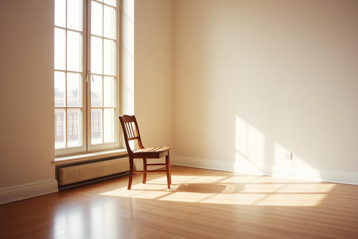 A single wooden chair beside a tall window in an empty room.