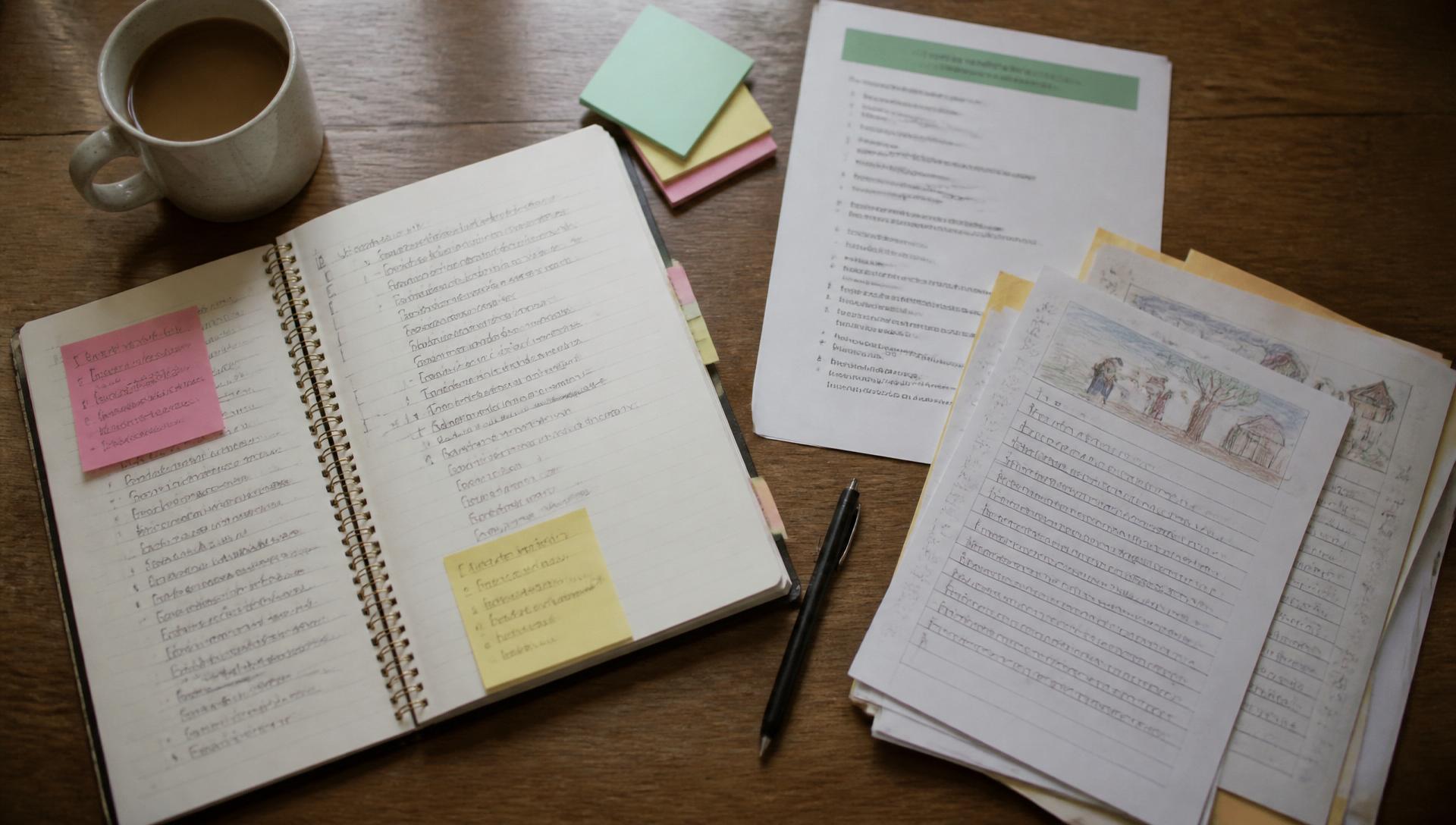 A teacher's planning notebook, agenda, and student writing samples on a table.