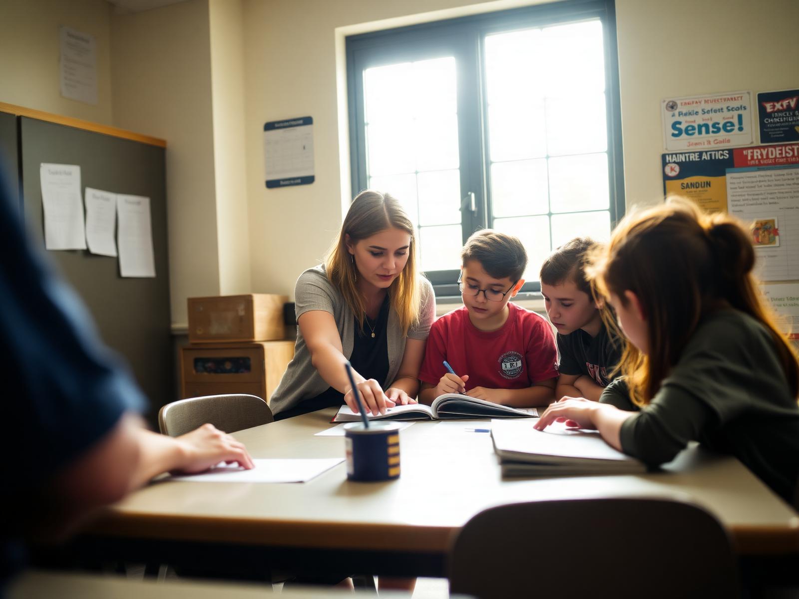 A teacher working with a small group of engaged students around a classroom table.