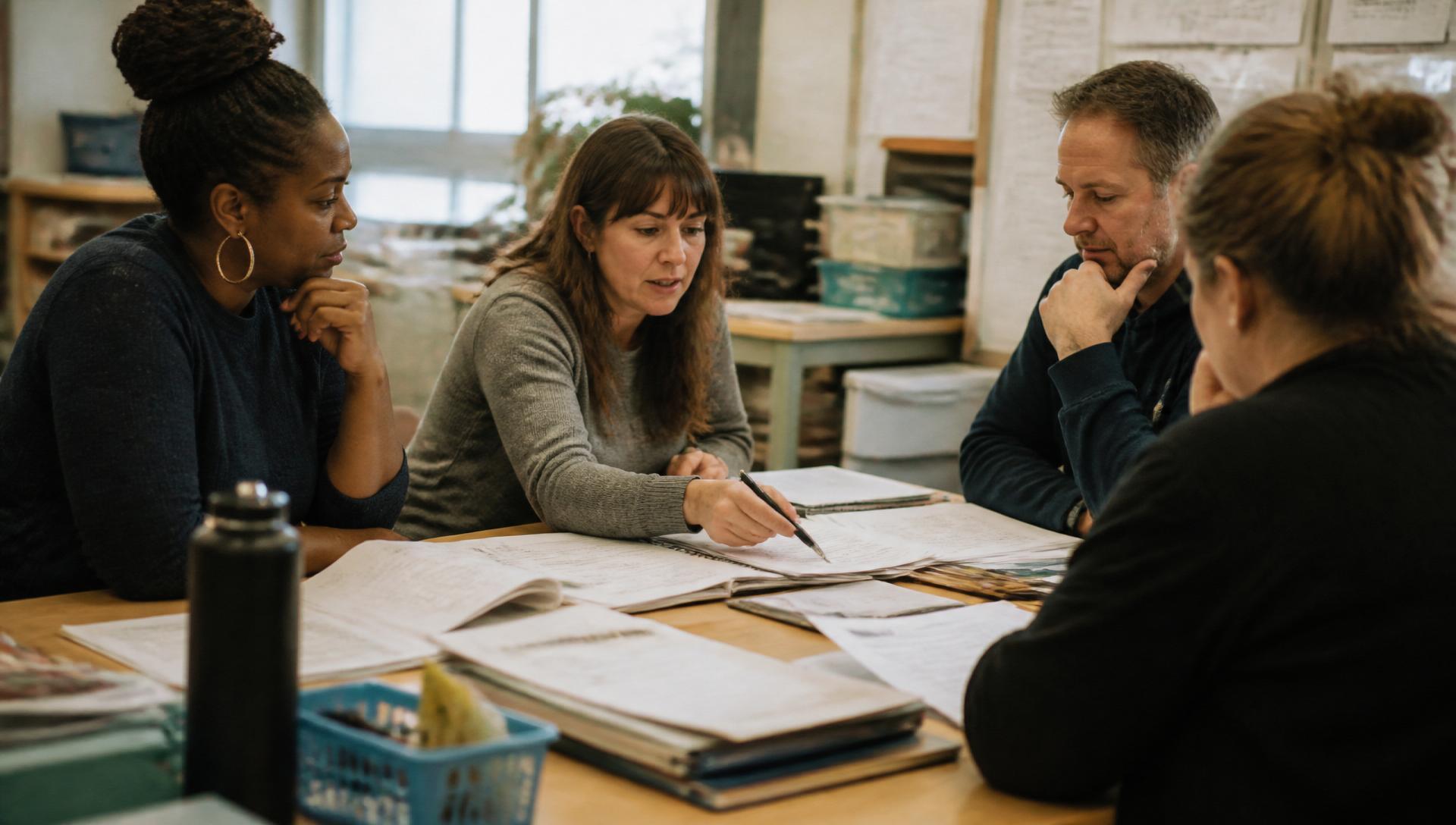Teachers seated around a table reviewing student work together.