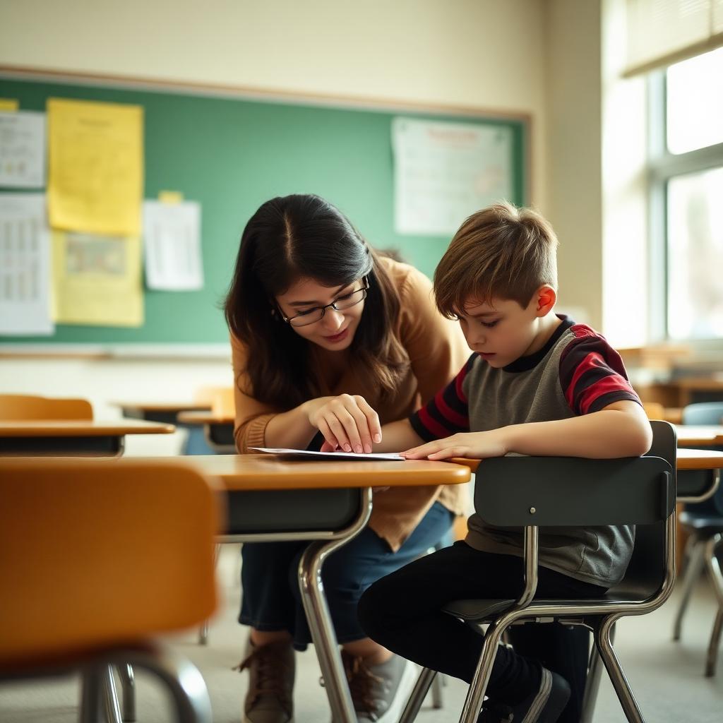 A teacher conferring alongside one student over their writing.