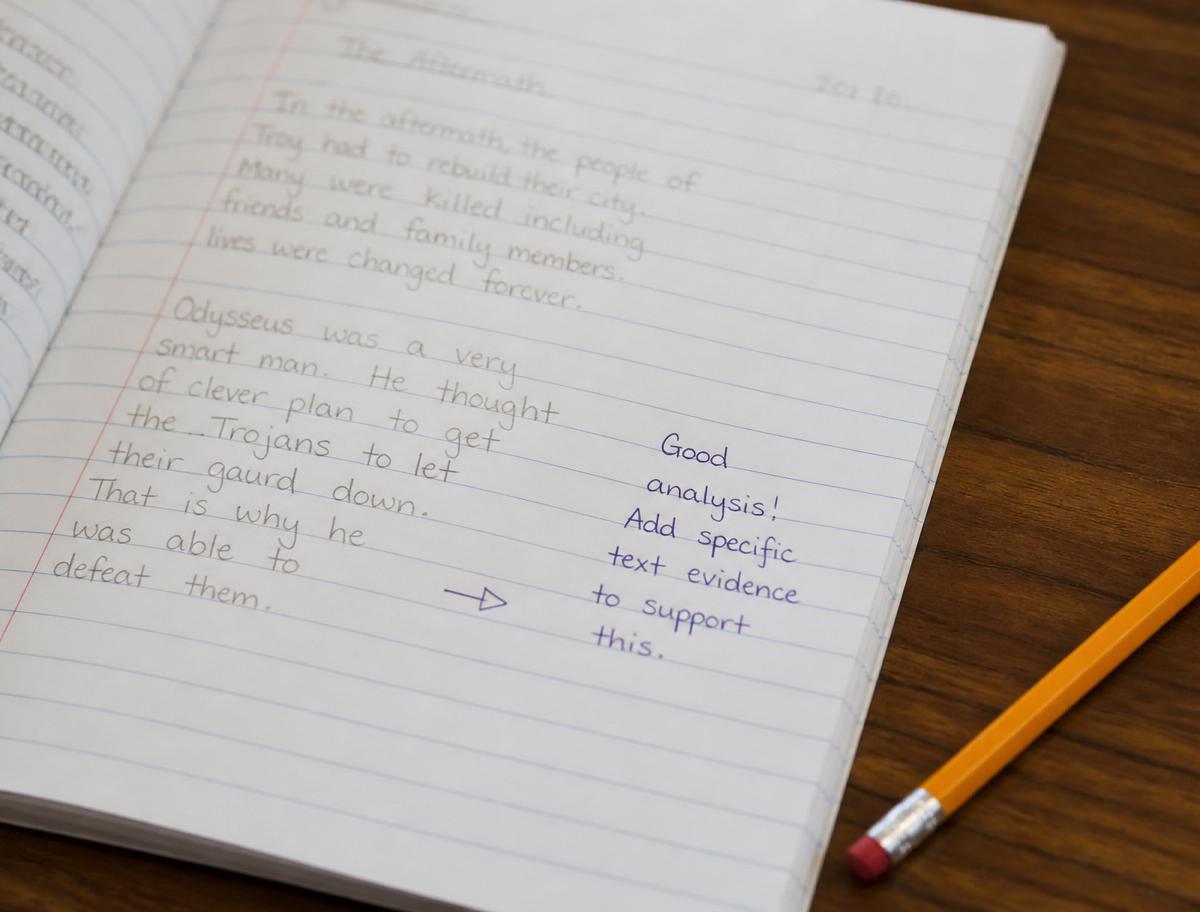 A page of student work annotated with the next step rather than a score.
