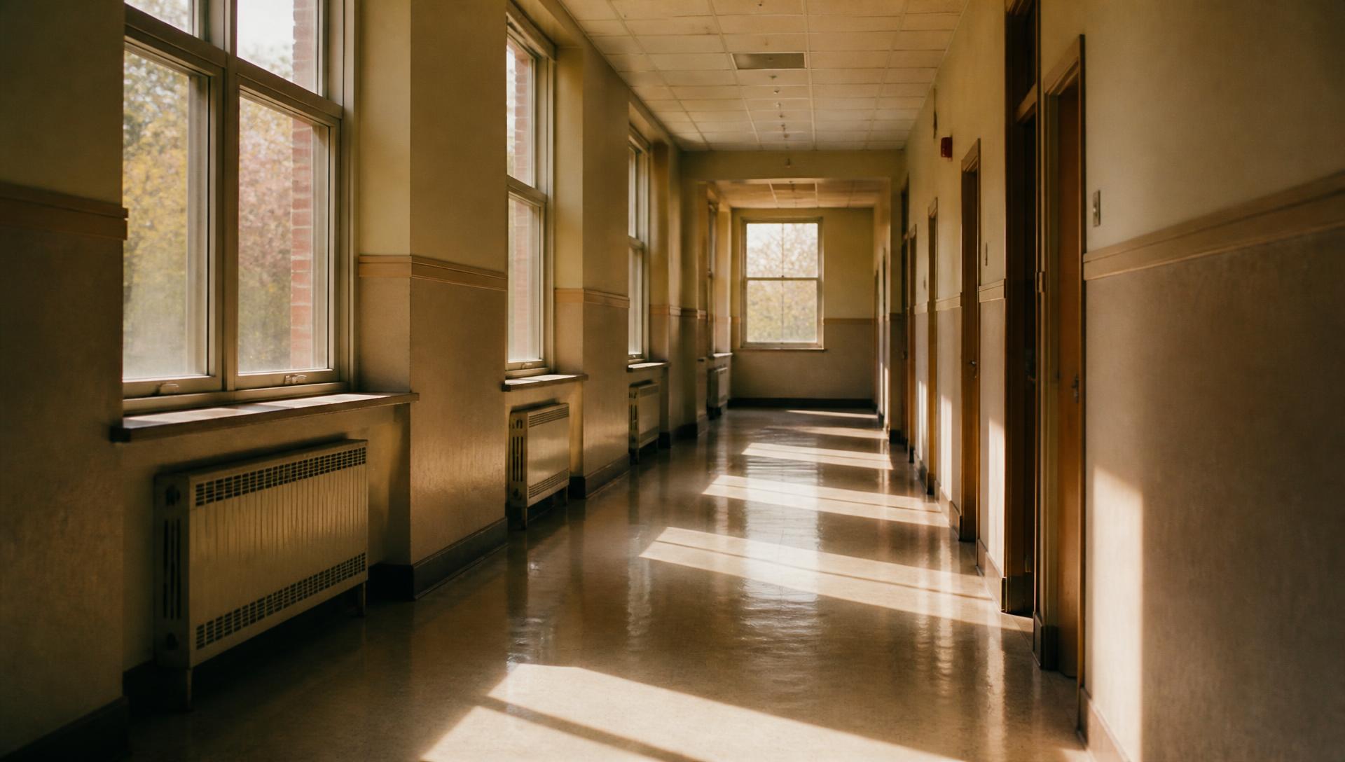 An empty school corridor in early morning light.